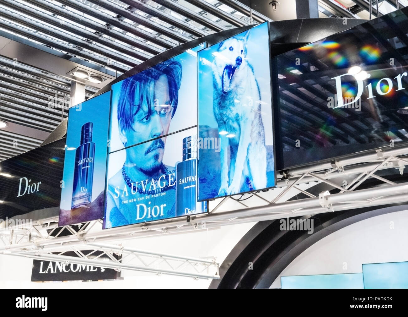 AMSTERDAM NETHERLANDS JULY 18 2018 Dior Sauvage fragrance perfume billboard in duty free shop Stock Photo Alamy