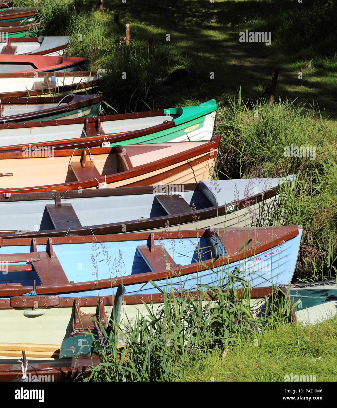 Colorful row boats line the creek beside Ross Castle in Kilarney National Park, County Kerry, Ireland. Stock Photo
