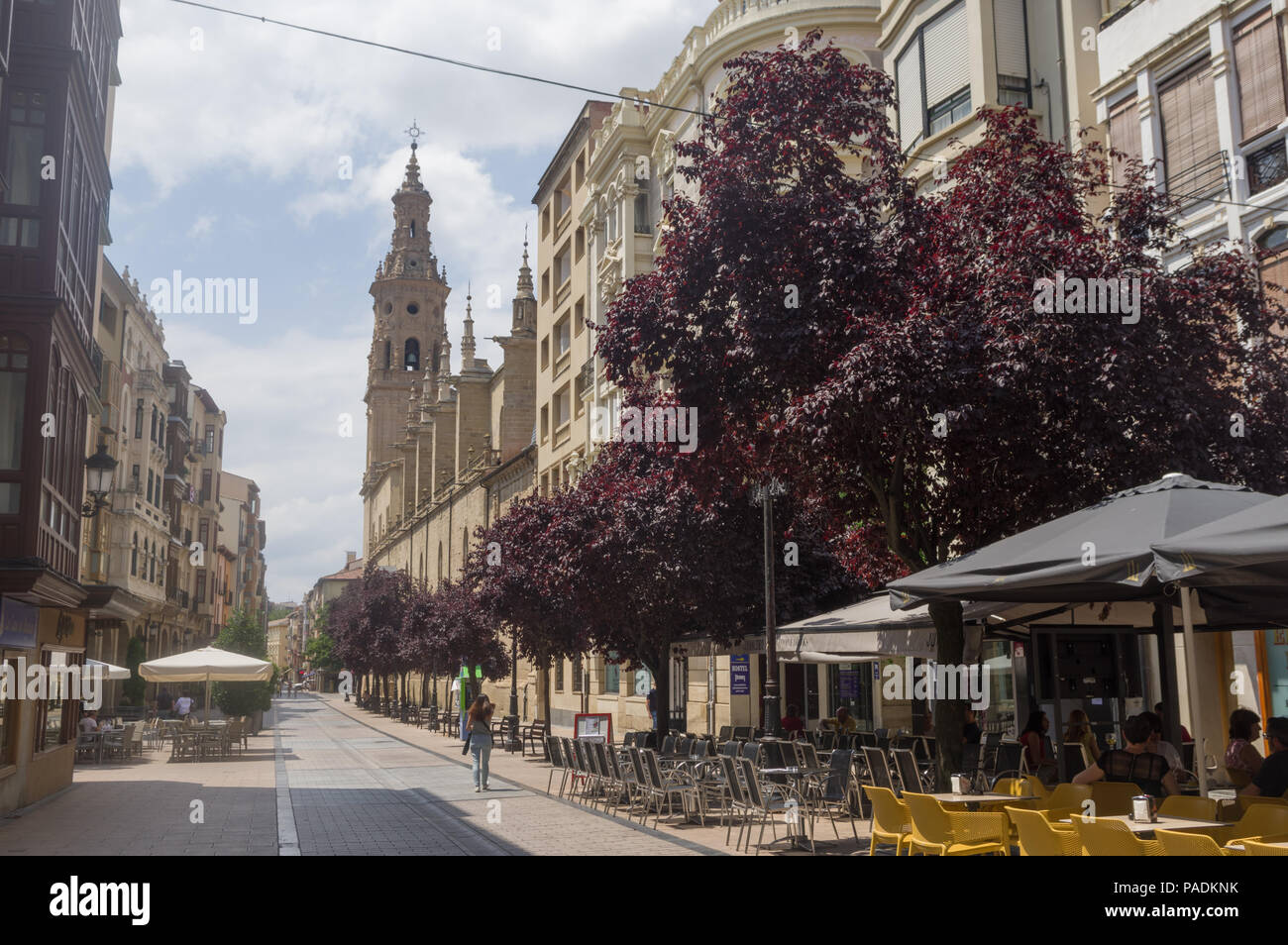 Logrono, Spain (12th July 2018) - View of the elegant Calle Portales with the Co-cathedral of Santa María de la Redonda Stock Photo