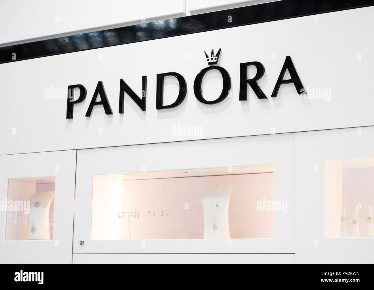 AMSTERDAM, NETHERLANDS - JULY 18, 2018: Pandora logo in shopping centre  with jewelry glass stand Stock Photo - Alamy