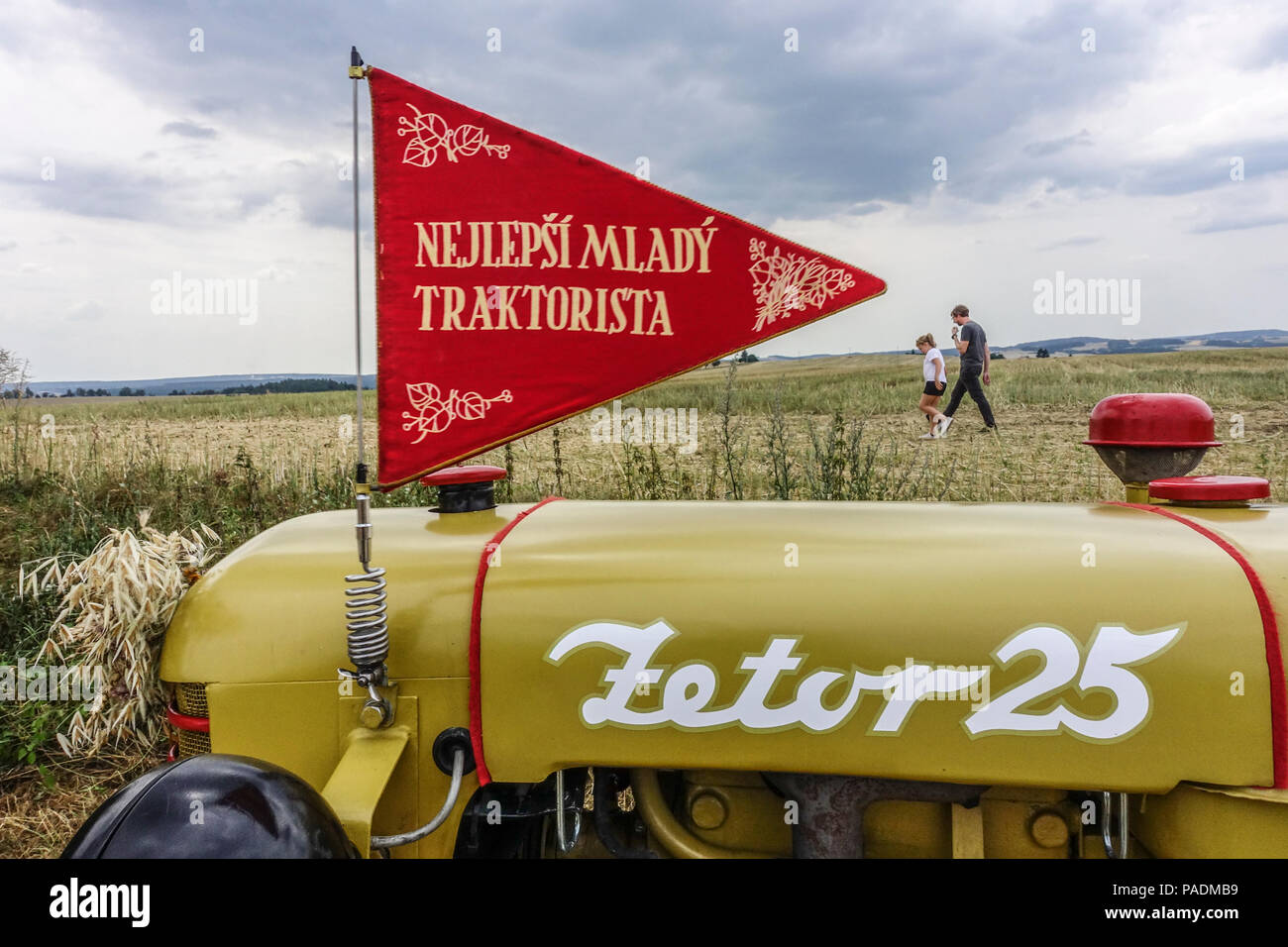 Tractor Zetor 25 and Flag Awarded for Best Young Tractor Driver from the 1950s, Zetor Czech Republic tractor socialist Stock Photo