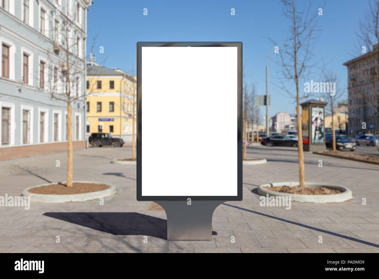 Blank street billboard poster stand on city background Stock Photo - Alamy