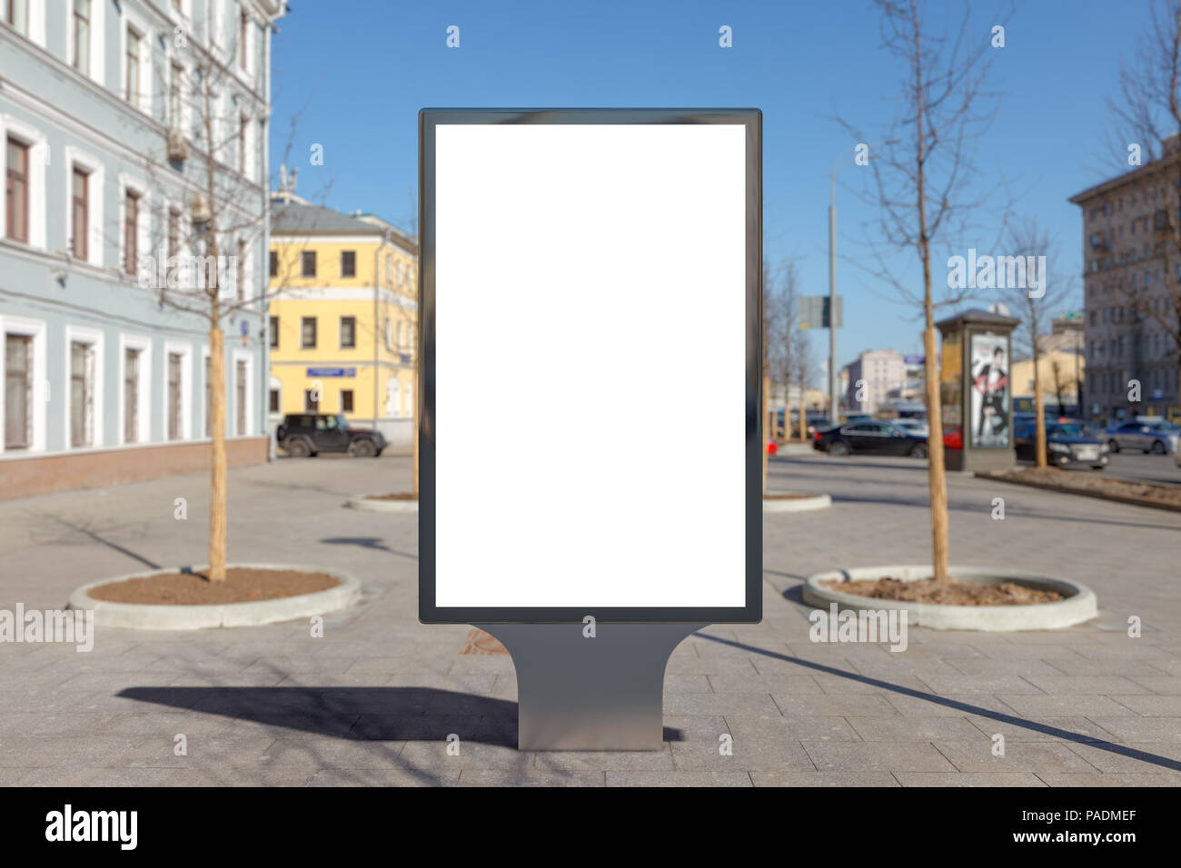 Blank street billboard poster stand on city background Stock Photo - Alamy