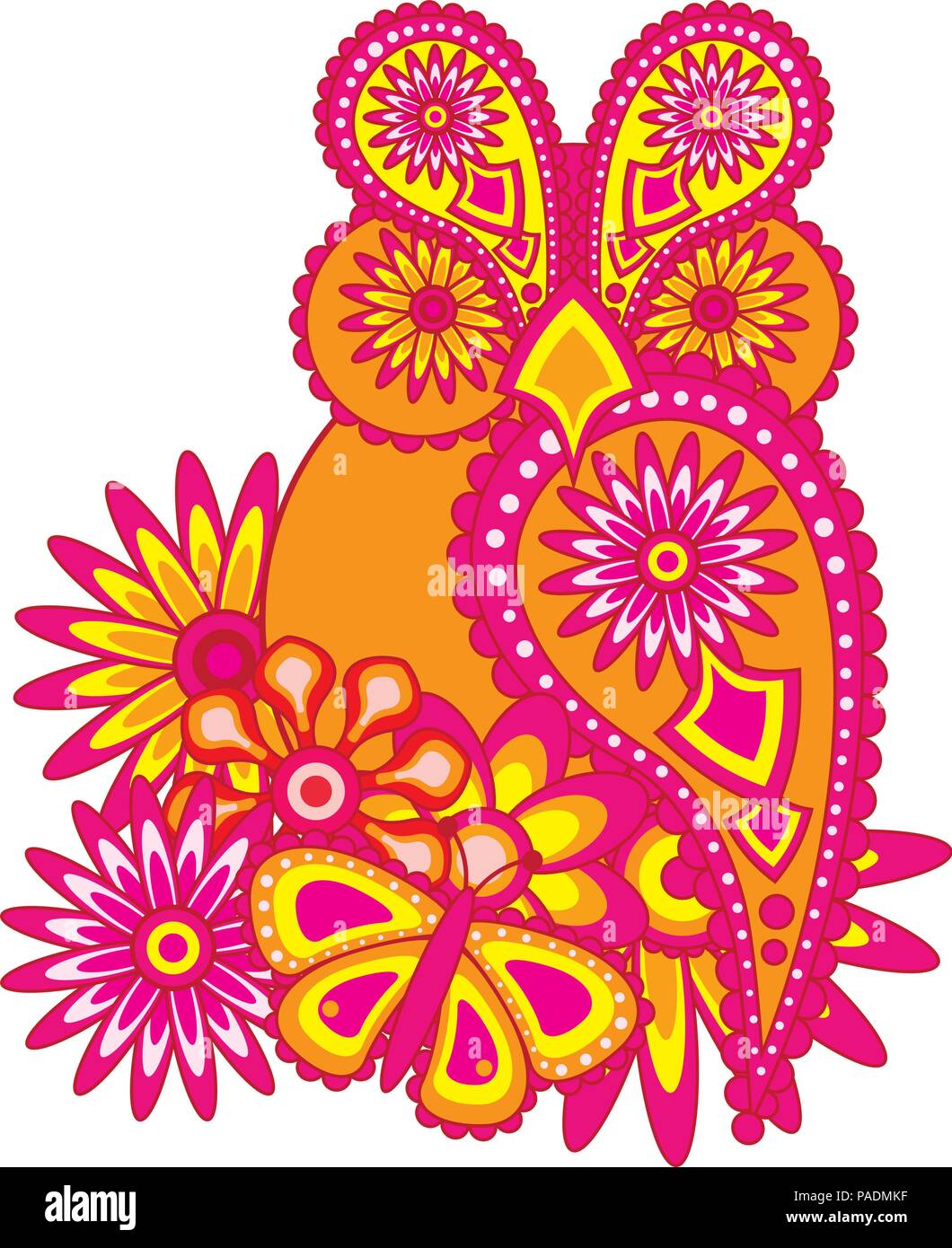 Paisley floral pattern abstract owl flowers and butterfly color illustration Stock Vector