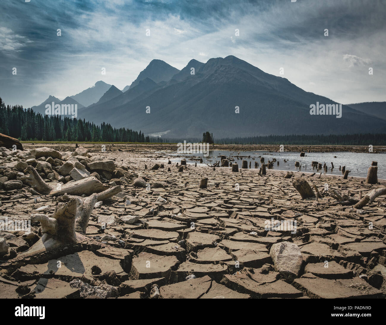 Dry lake river bed with mountains in background erosion, Banff National
