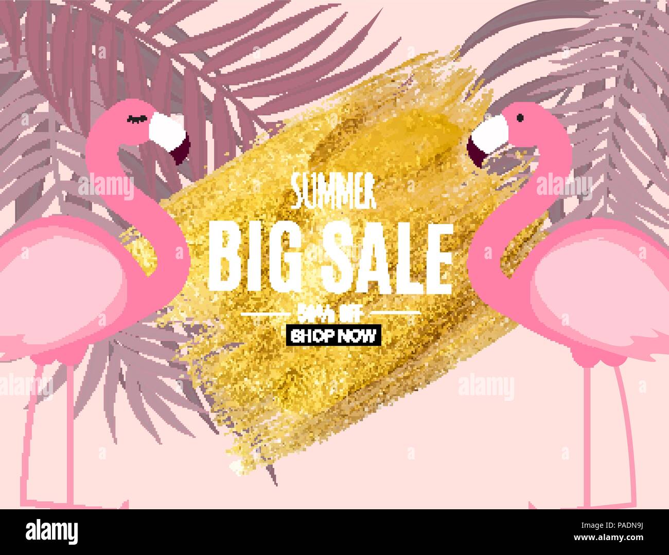 Abstract Summer Sale Background with Flamingo and Palm Leaves. Vector ...