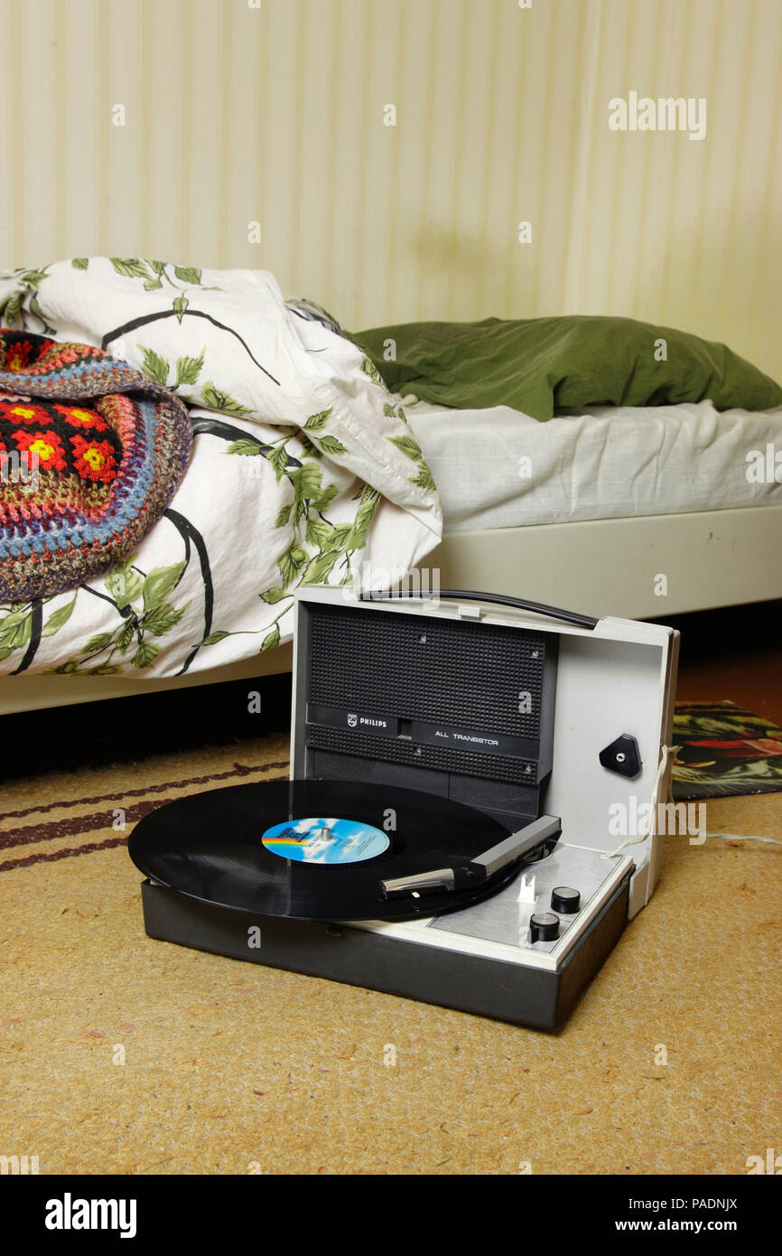 Record Player With Record In Bedroom Setting Stock Photo