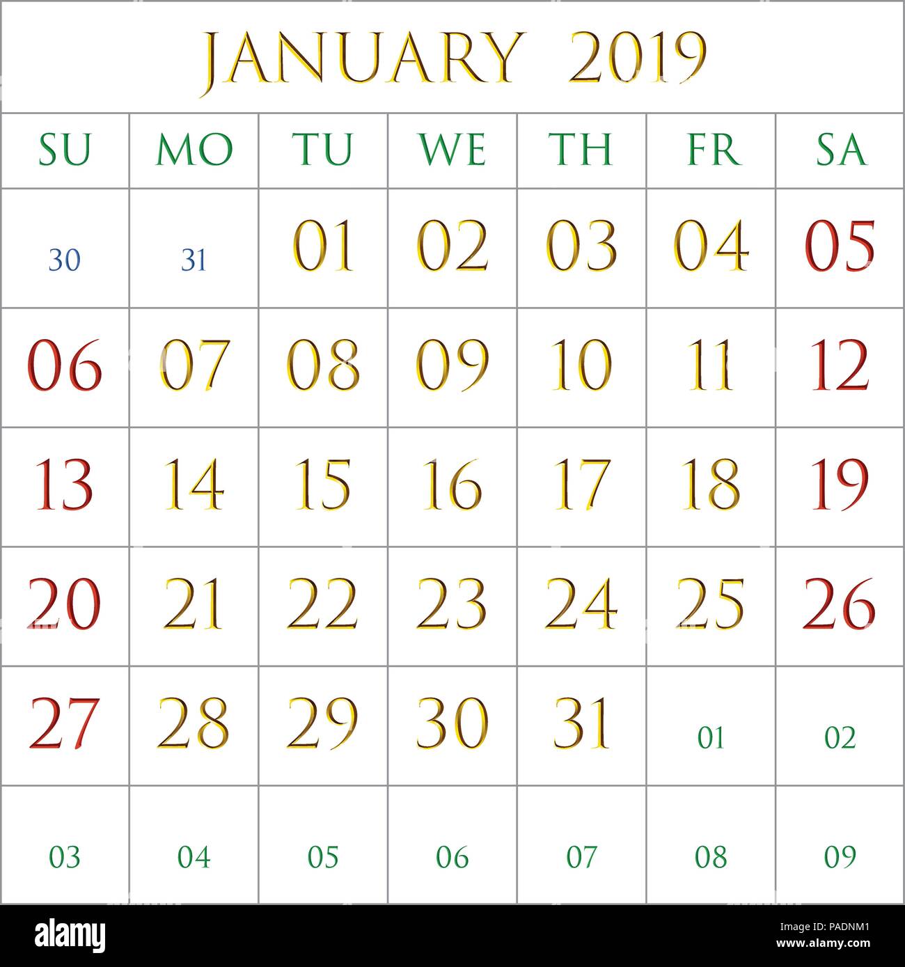 2019 Calendar for the month of January on white background rectangles ...