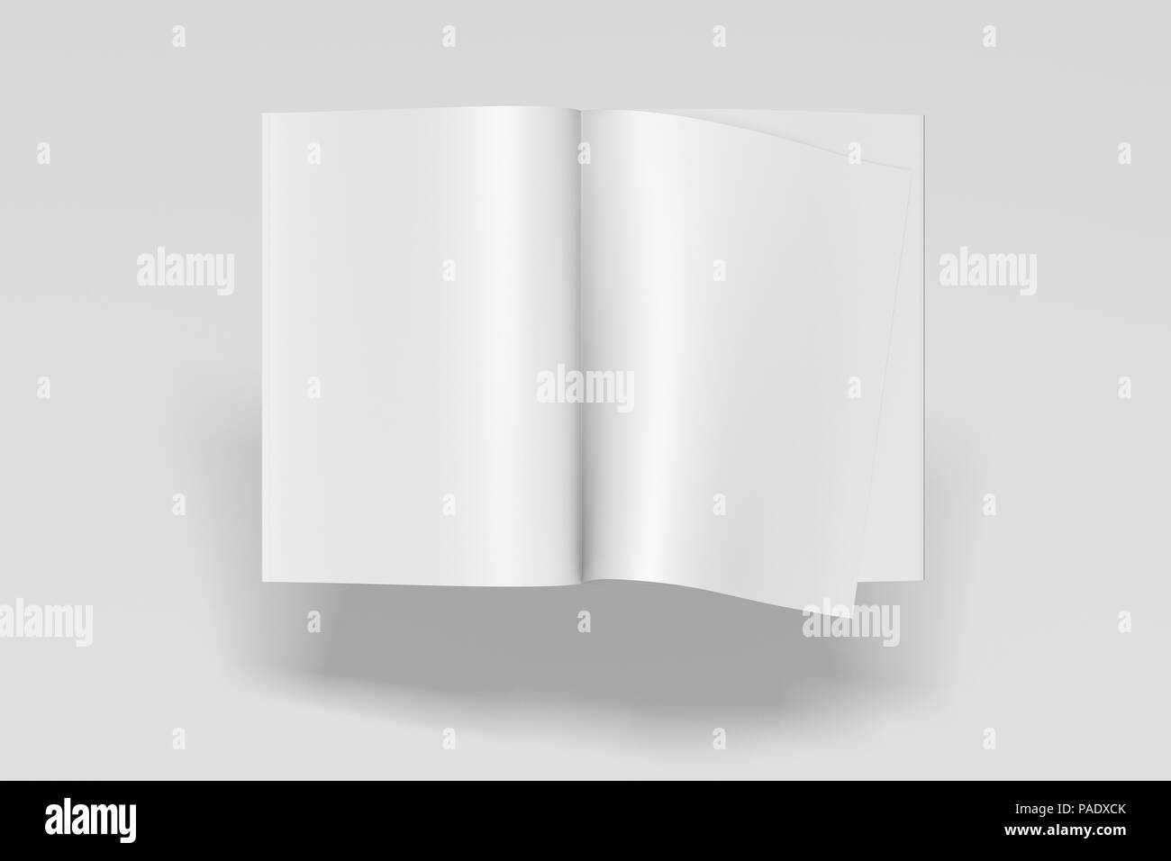 Blank magazine pages with bent glossy paper flying over white