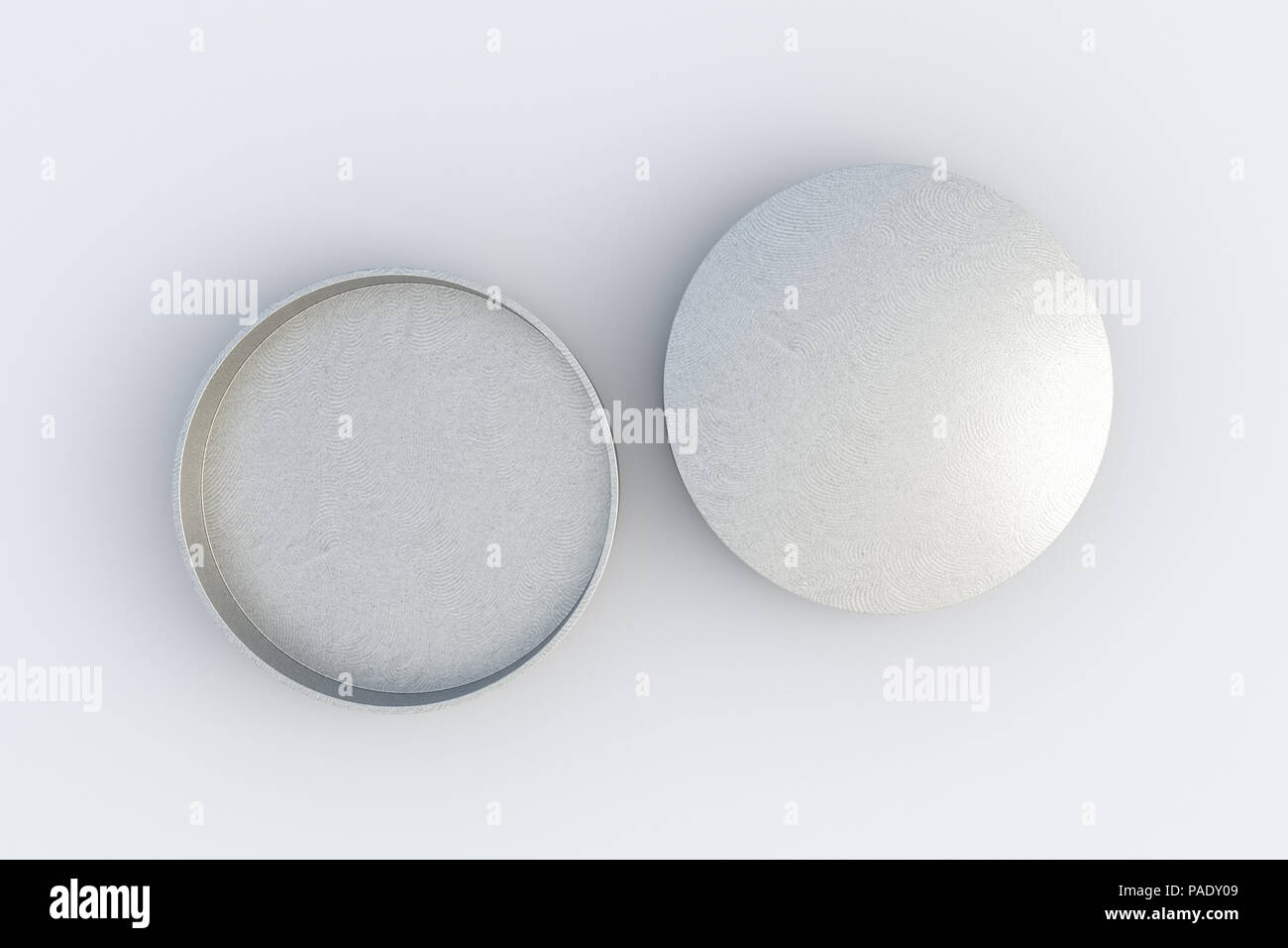 Silver Box Open Two silver round boxes opened and closed on white background. 3d ...
