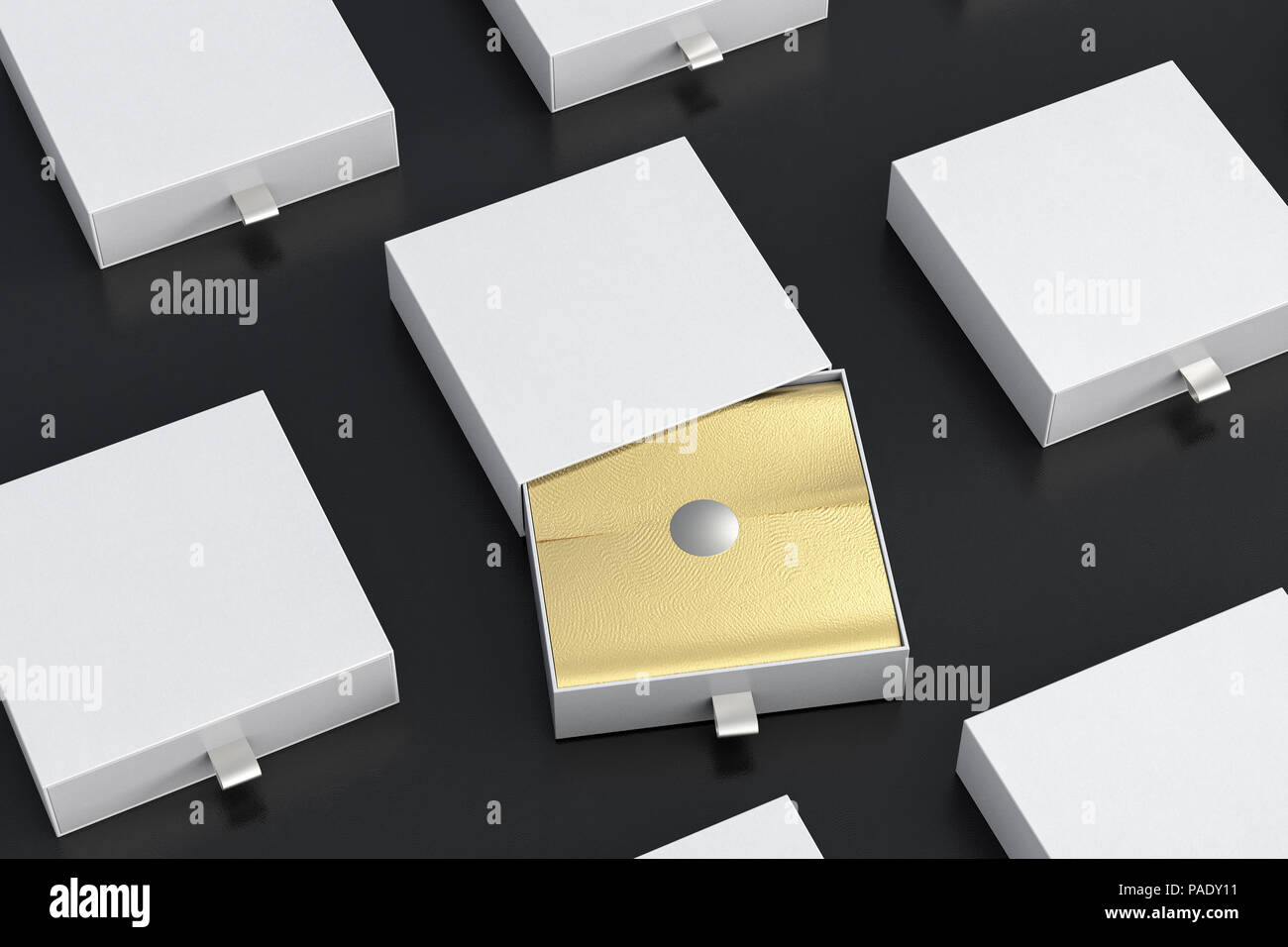 Blank Opened White Sliding Drawer Boxes Set With Gift Wrap Foil On