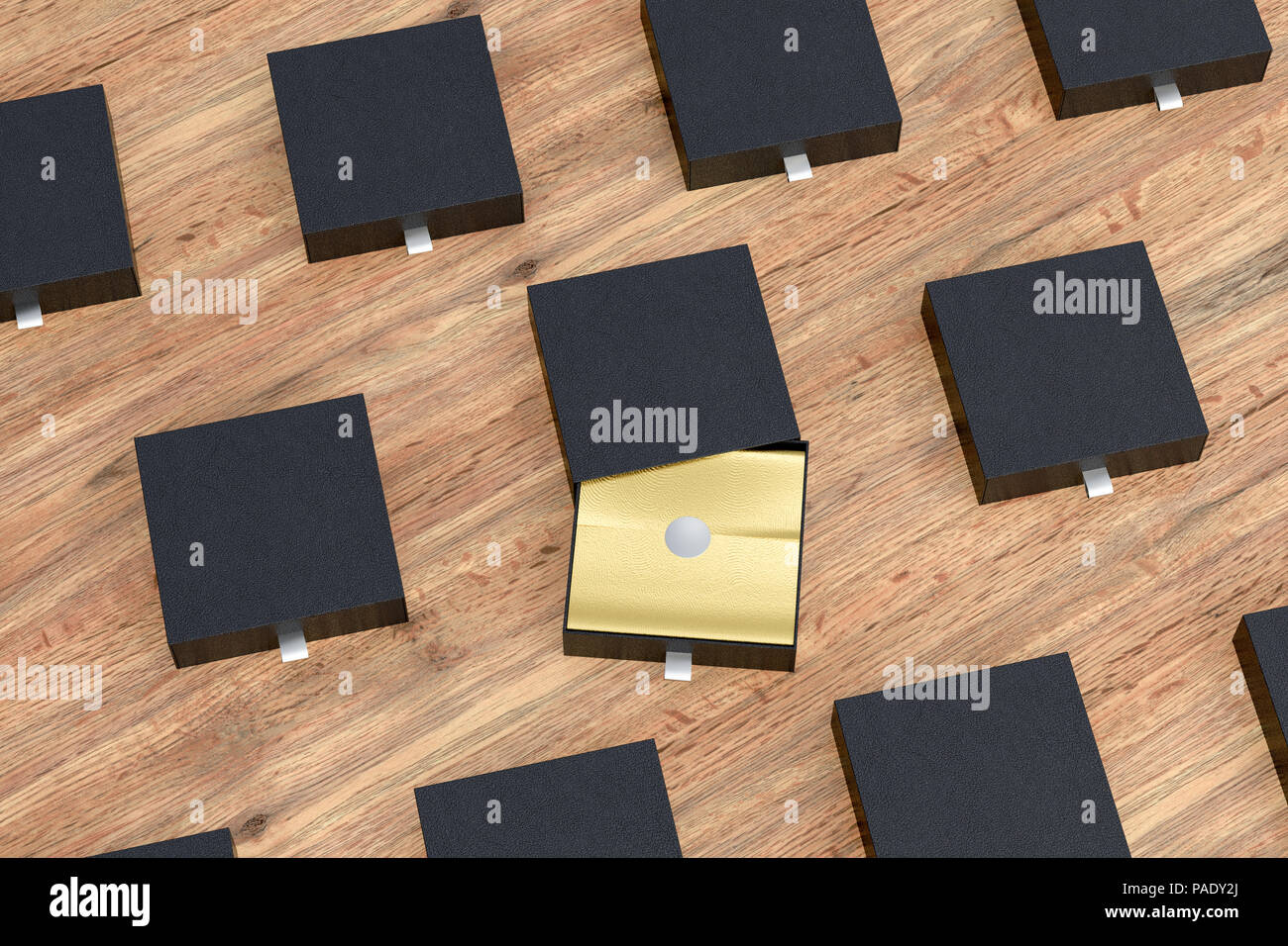 Blank Opened Black Sliding Drawer Boxes Set With Gift Wrap Foil On