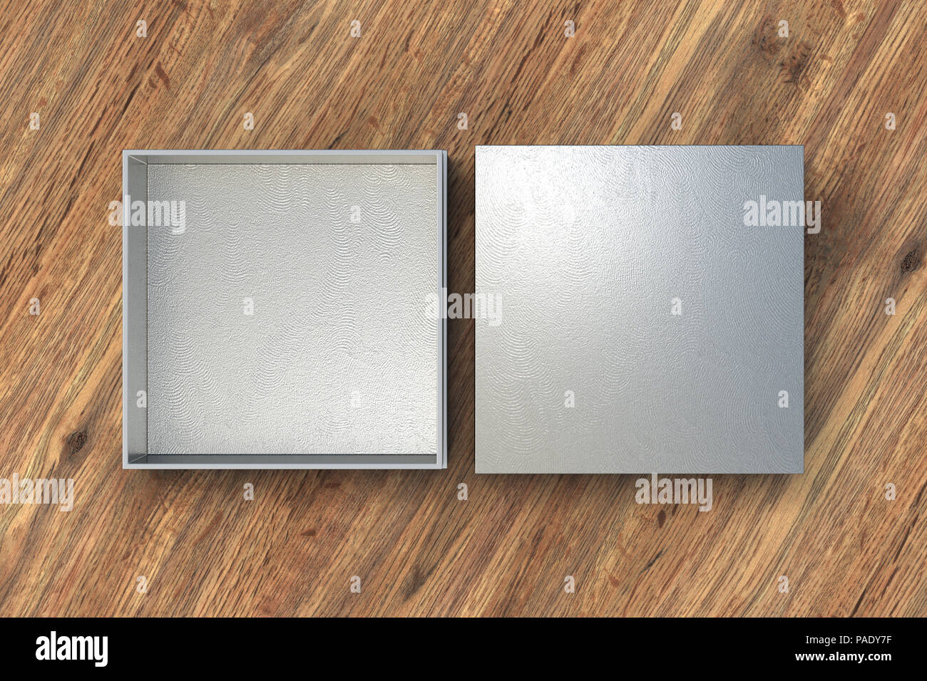 Silver Box Open Two silver square boxes opened and closed on wood background. 3d ...