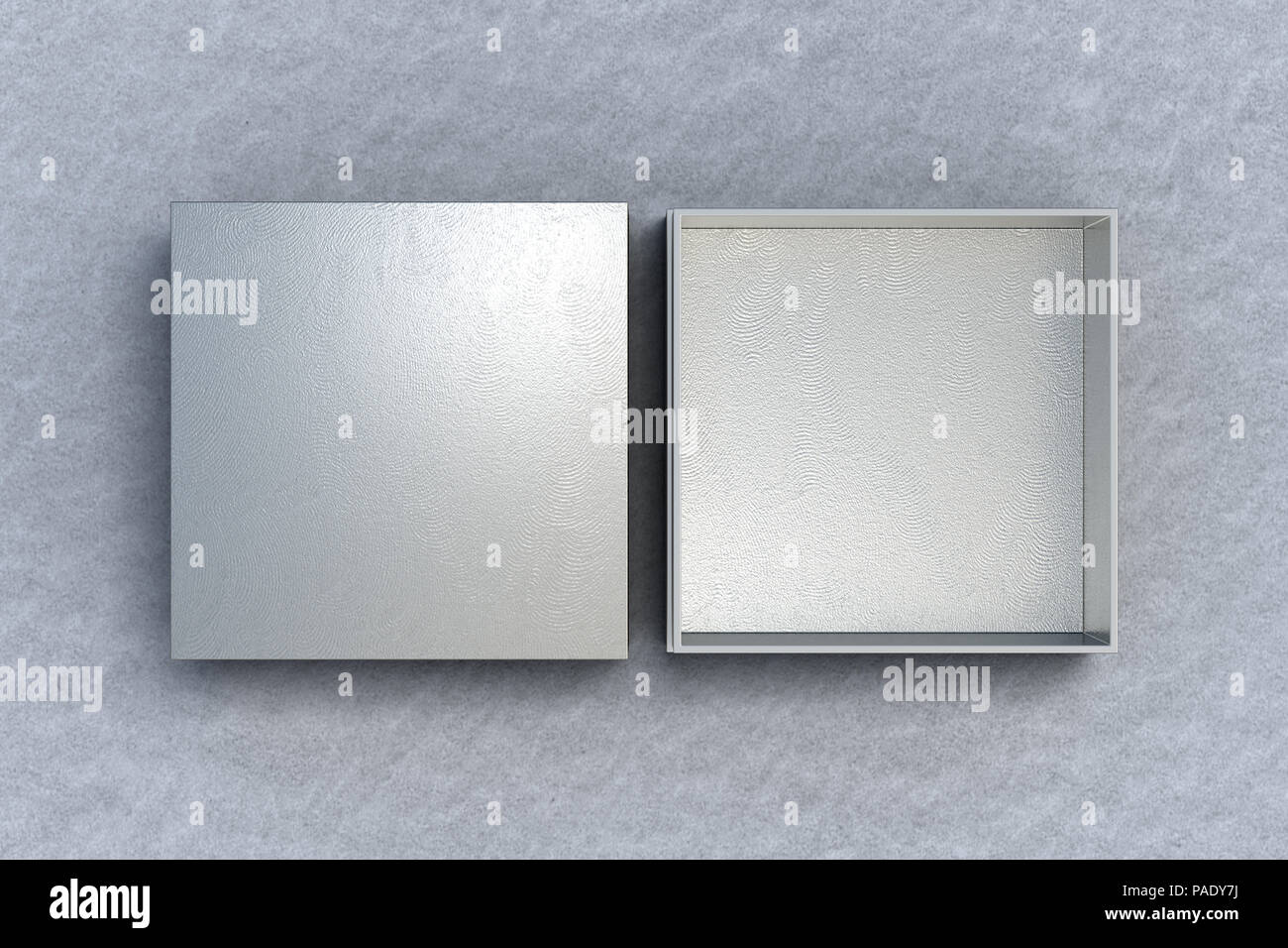 Silver Box Open Two silver square boxes opened and closed on gray background. 3d ...