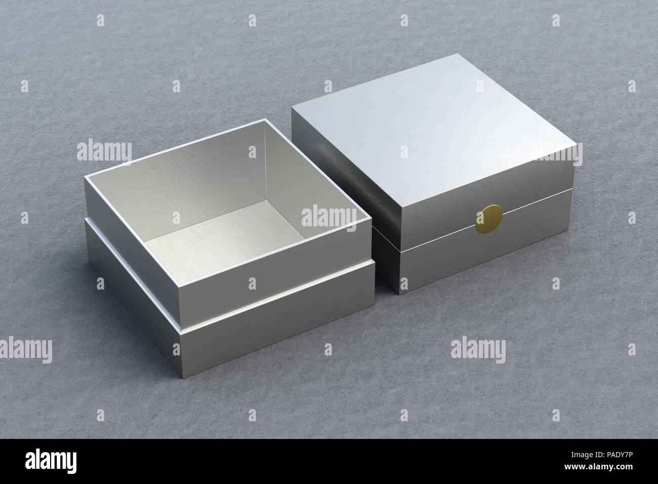 Silver Box Open Two silver square boxes opened and closed on gray background. 3d ...