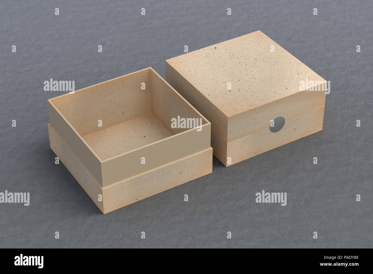 Two vintage square boxes opened and closed on gray background. 3d ...