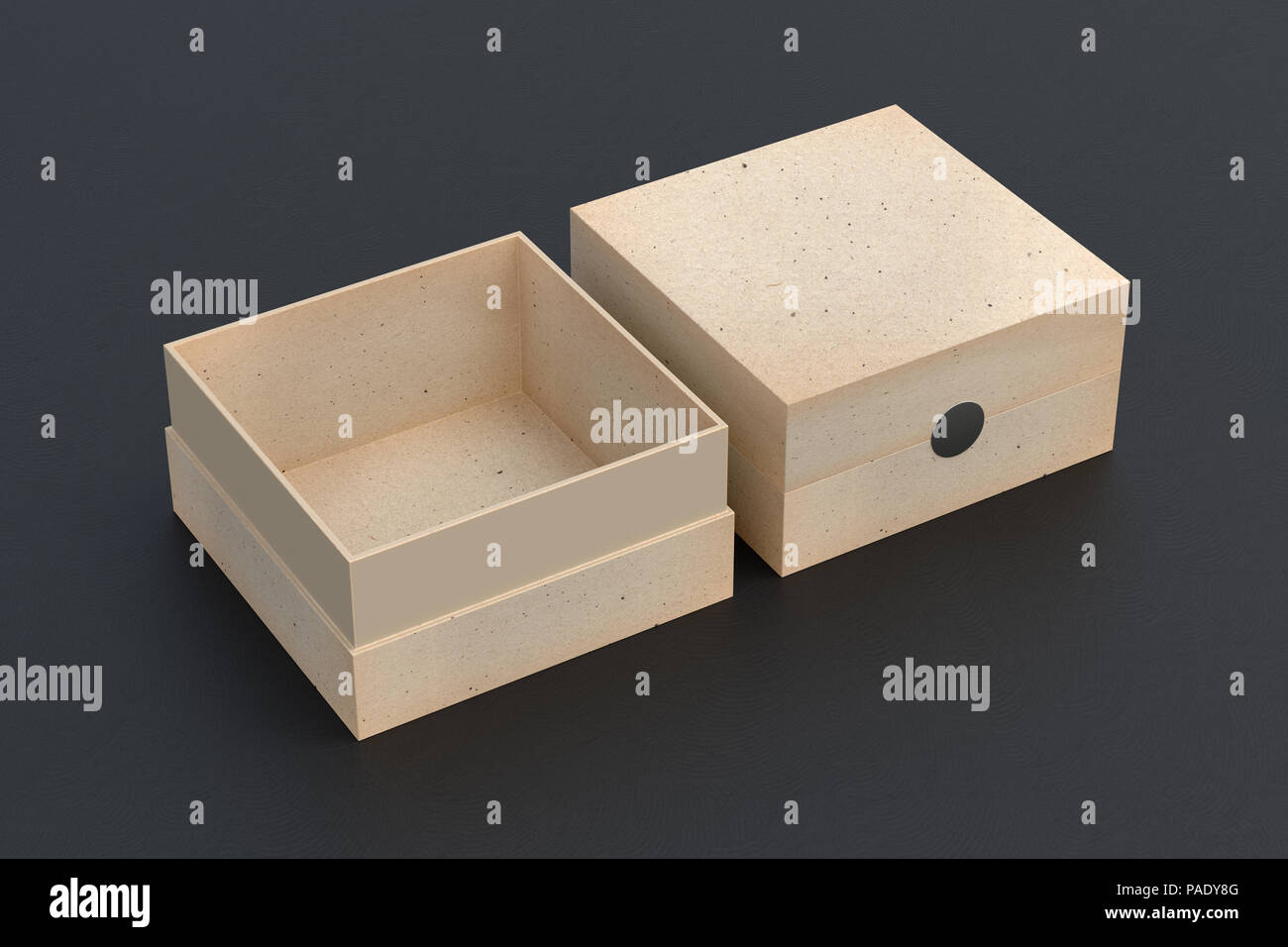 Two vintage square boxes opened and closed on black background. 3d ...