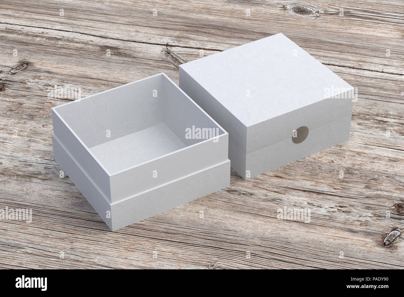 Two white square boxes opened and closed on wood background. 3d ...