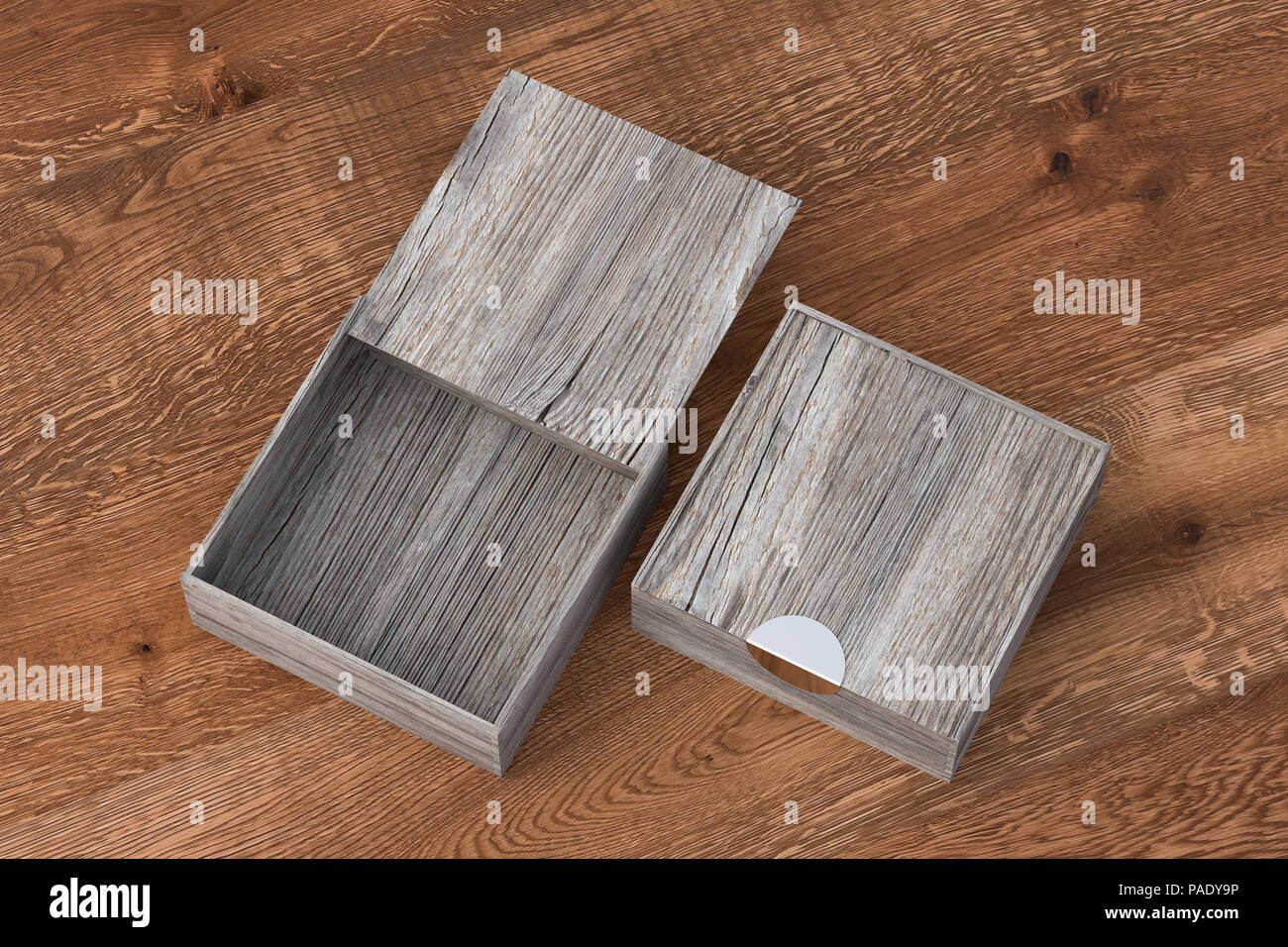Two vintage wooden square boxes with sliding lid on dark wooden ...