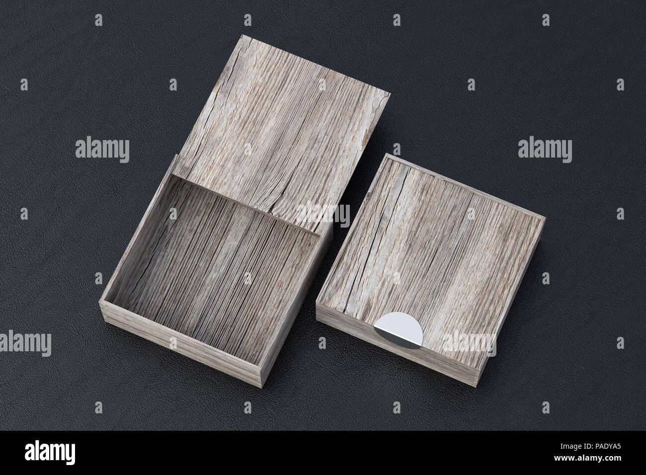 Two vintage wooden square boxes with sliding lid on black leather ...