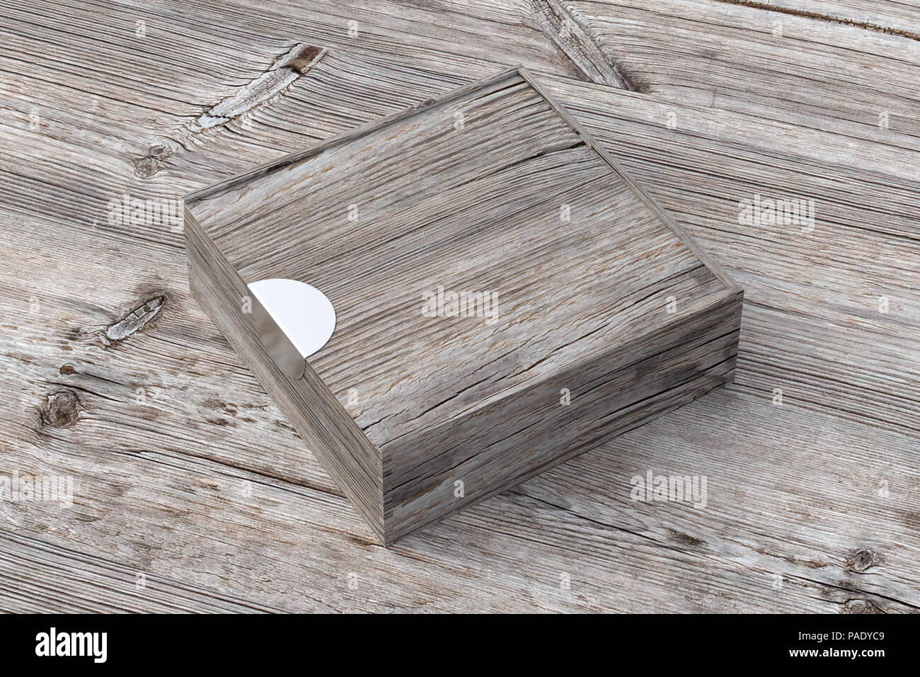 Blank vintage wooden square box with closed sliding lid on old wooden ...