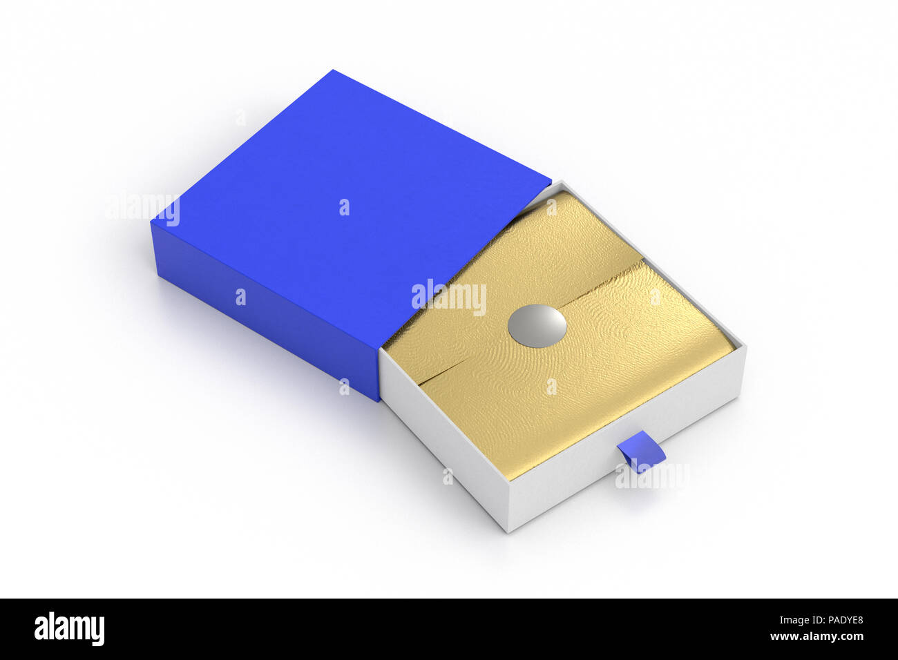 Opened blue drawer sliding box with gift wrap foil on white background. Include clipping path around box Stock Photo