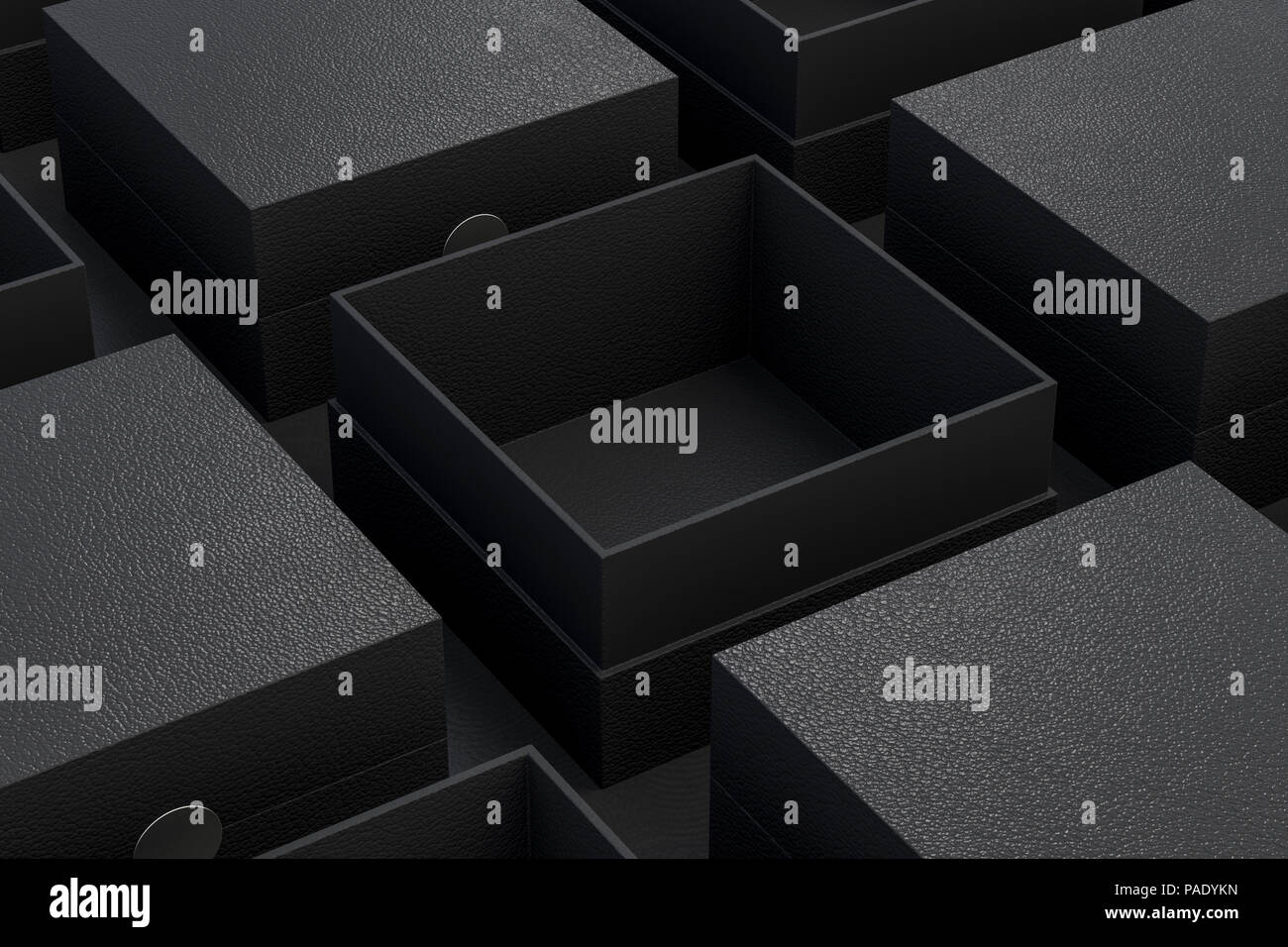 Blank open and closed black square boxes mockup on black background. 3d