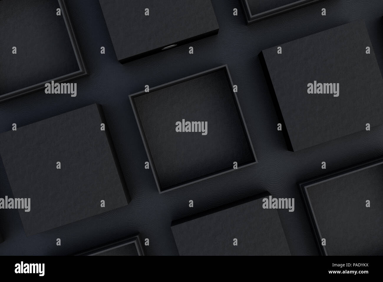 Blank open and closed black square boxes mockup on black background. 3d