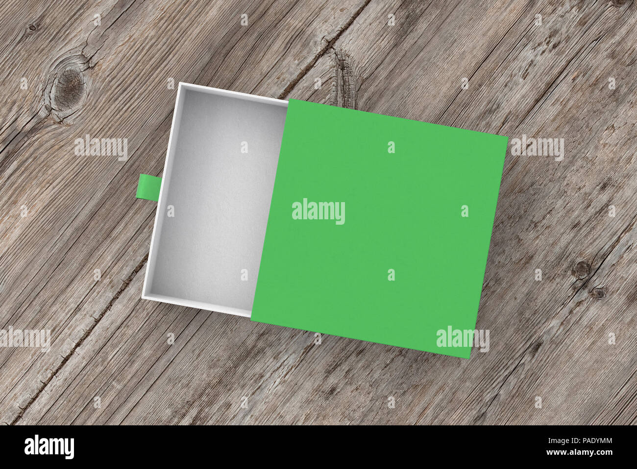Opened empty green drawer sliding box on wooden background. Isolated ...