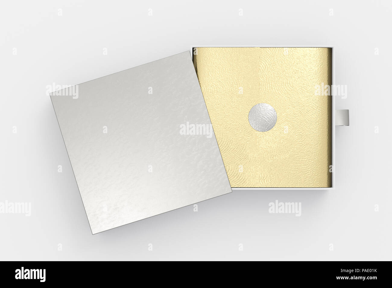 Silver Wrapper Open Opened silver drawer sliding box with gift wrap foil on white ...