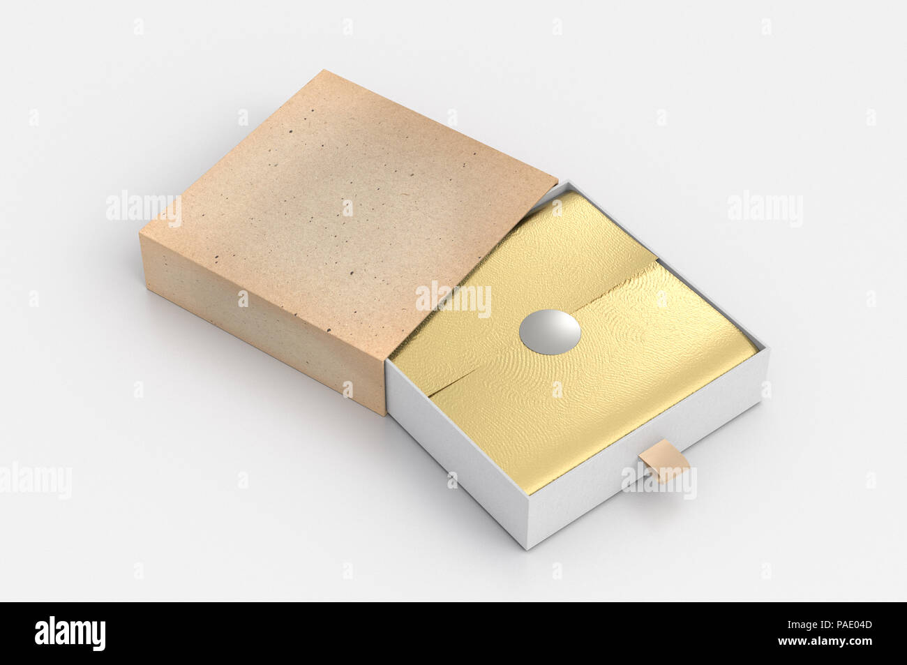 Opened vintage drawer sliding box with gift wrap foil on white ...
