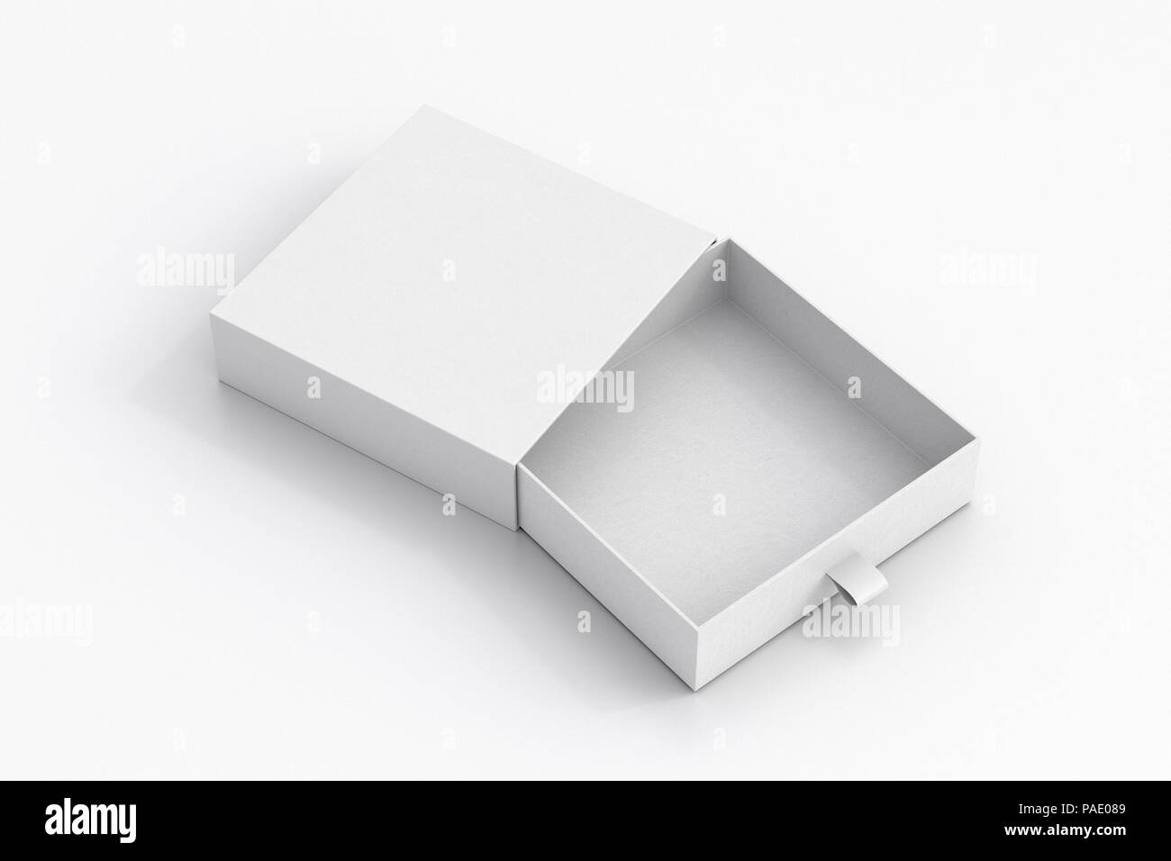 Opened empty white drawer sliding box on white background. Isolated with clipping path around box Stock Photo