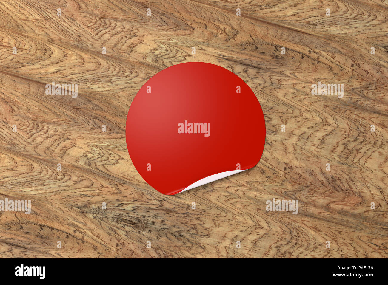 Blank red sticker with bent edge on wood background. 3d illustration ...