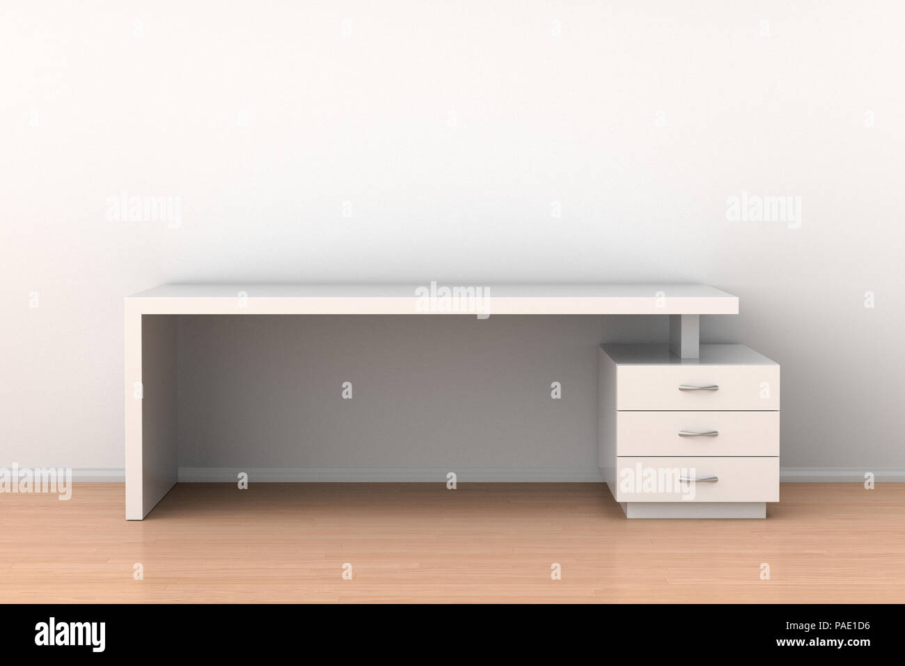 Empty white office desk workspace in light interior. 3d illustration ...