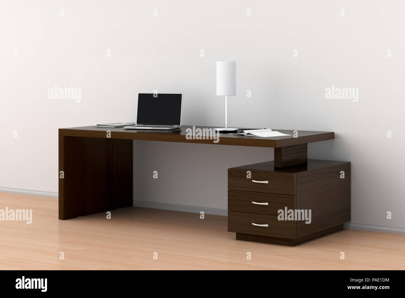 Brown wood office desk workspace in light interior. 3d illustration