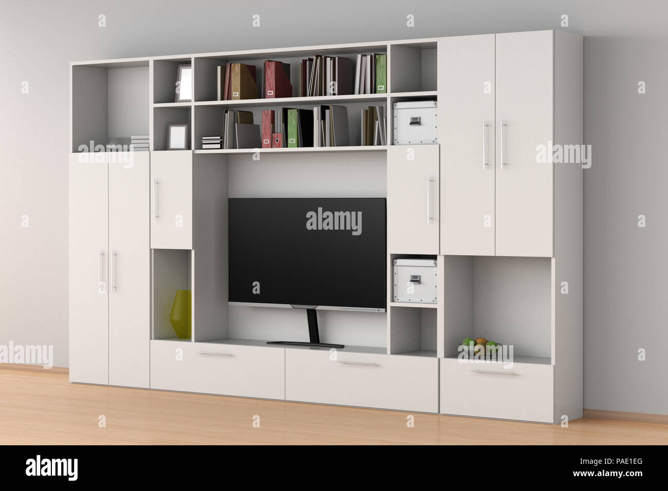 White Closet Wardrobe With Tv Screen Books Boxes In Interior 3d