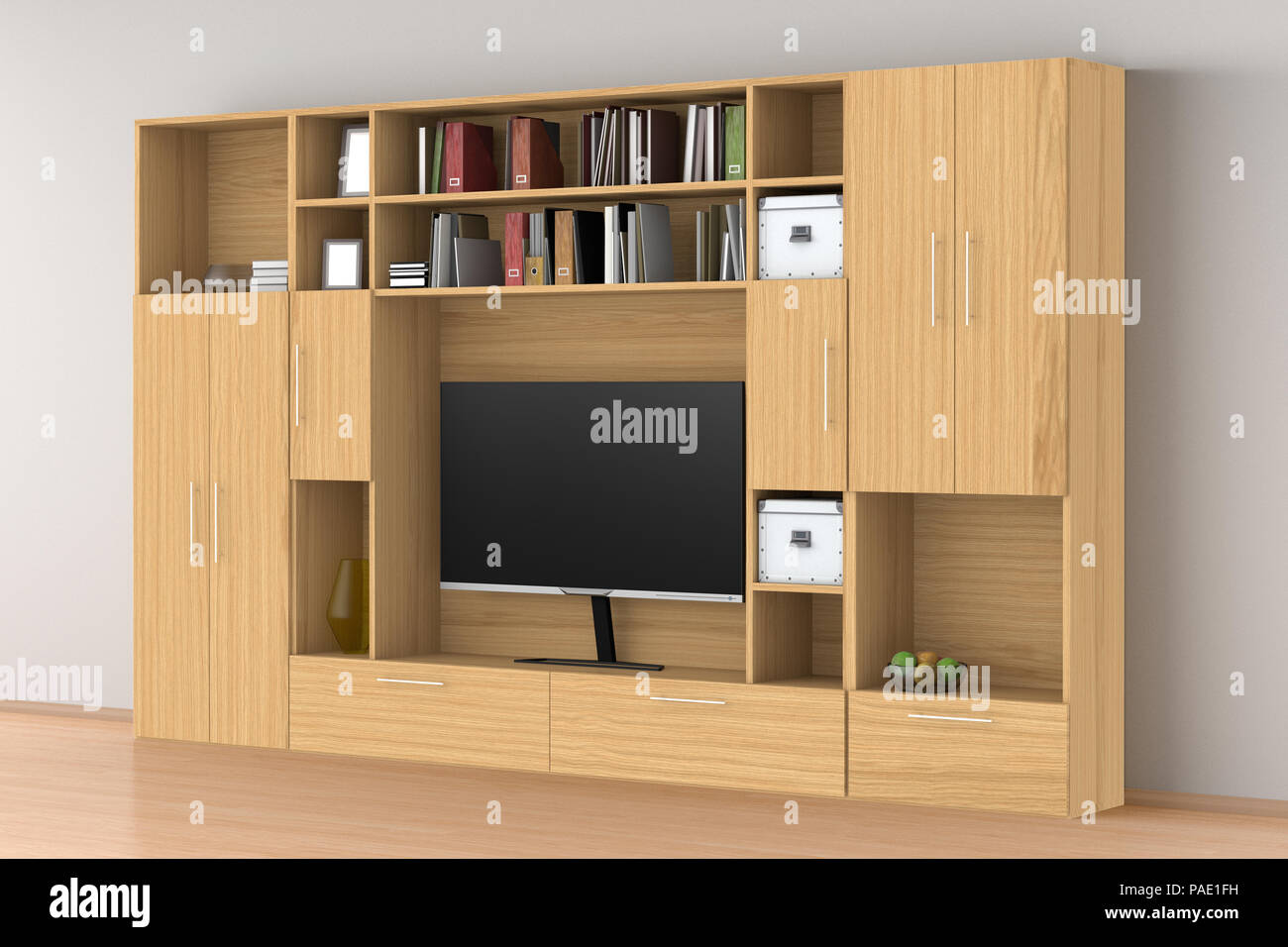 Wood Closet Wardrobe With Tv Screen Books Boxes In Interior 3d