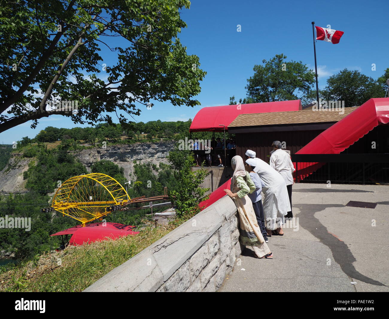 Indian family observing cable car at Whirlpool Rapids, Niagara Falls Stock Photo