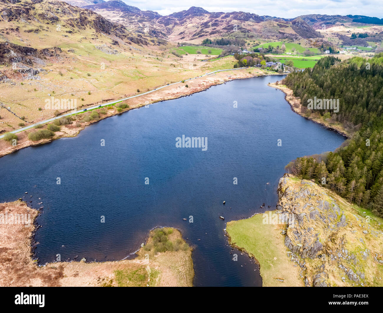 Aerial view of Llynnau Mymbyr are two lakes located in Dyffryn Mymbyr, a valley running from the village of Capel Curig to Pen-y-Gwryd in Snowdonia, n Stock Photo