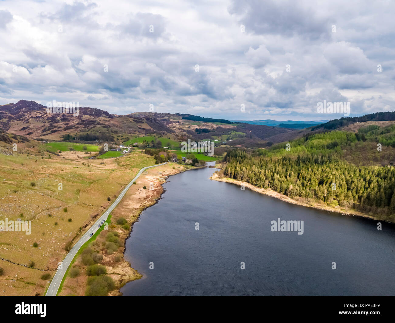 Aerial view of Llynnau Mymbyr are two lakes located in Dyffryn Mymbyr, a valley running from the village of Capel Curig to Pen-y-Gwryd in Snowdonia, n Stock Photo