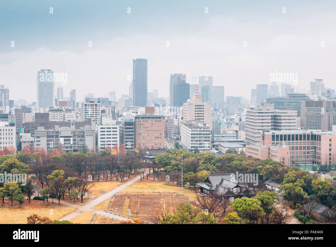 Modern buildings and urban landscape at autumn from Osaka Castle in Japan Stock Photo