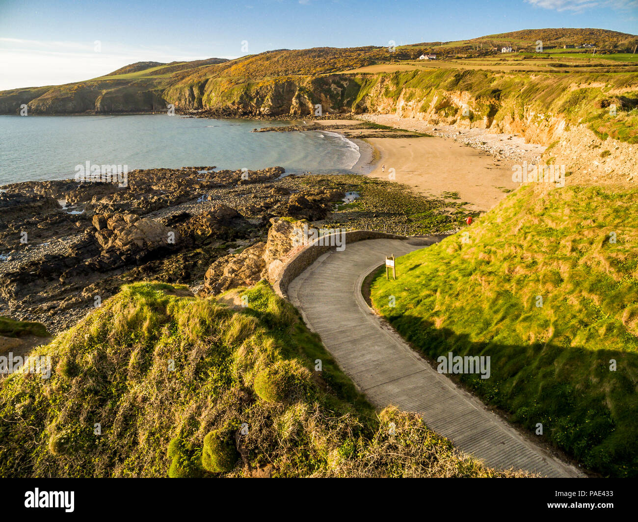 Aerial view of Church Bay in Anglesey North Wales UK during sunset