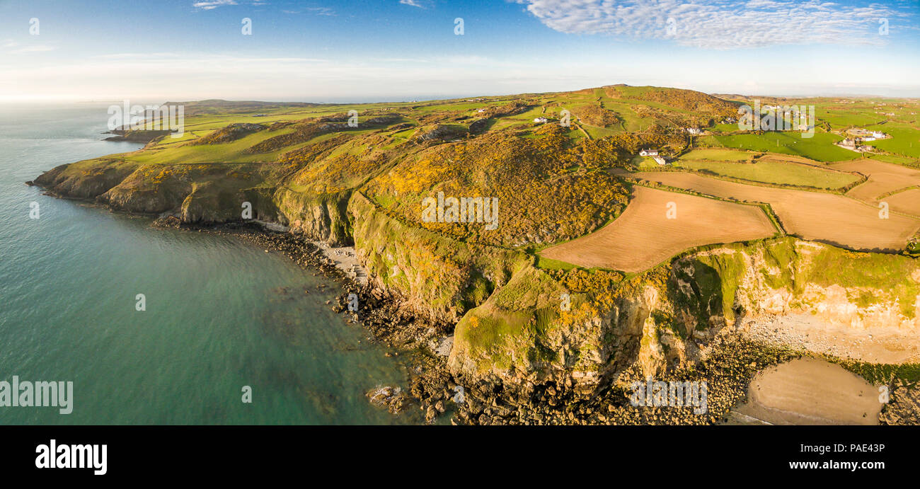 Aerial view of Church Bay in Anglesey North Wales UK during sunset