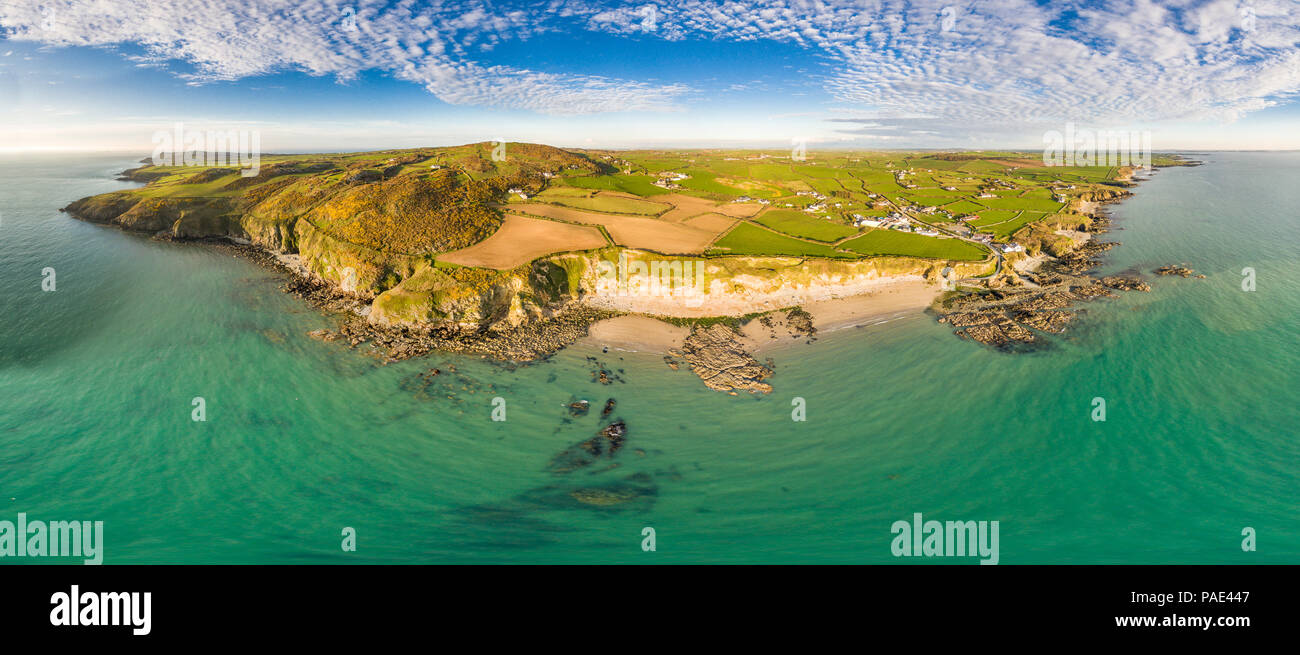 Aerial view of Church Bay in Anglesey North Wales UK during sunset