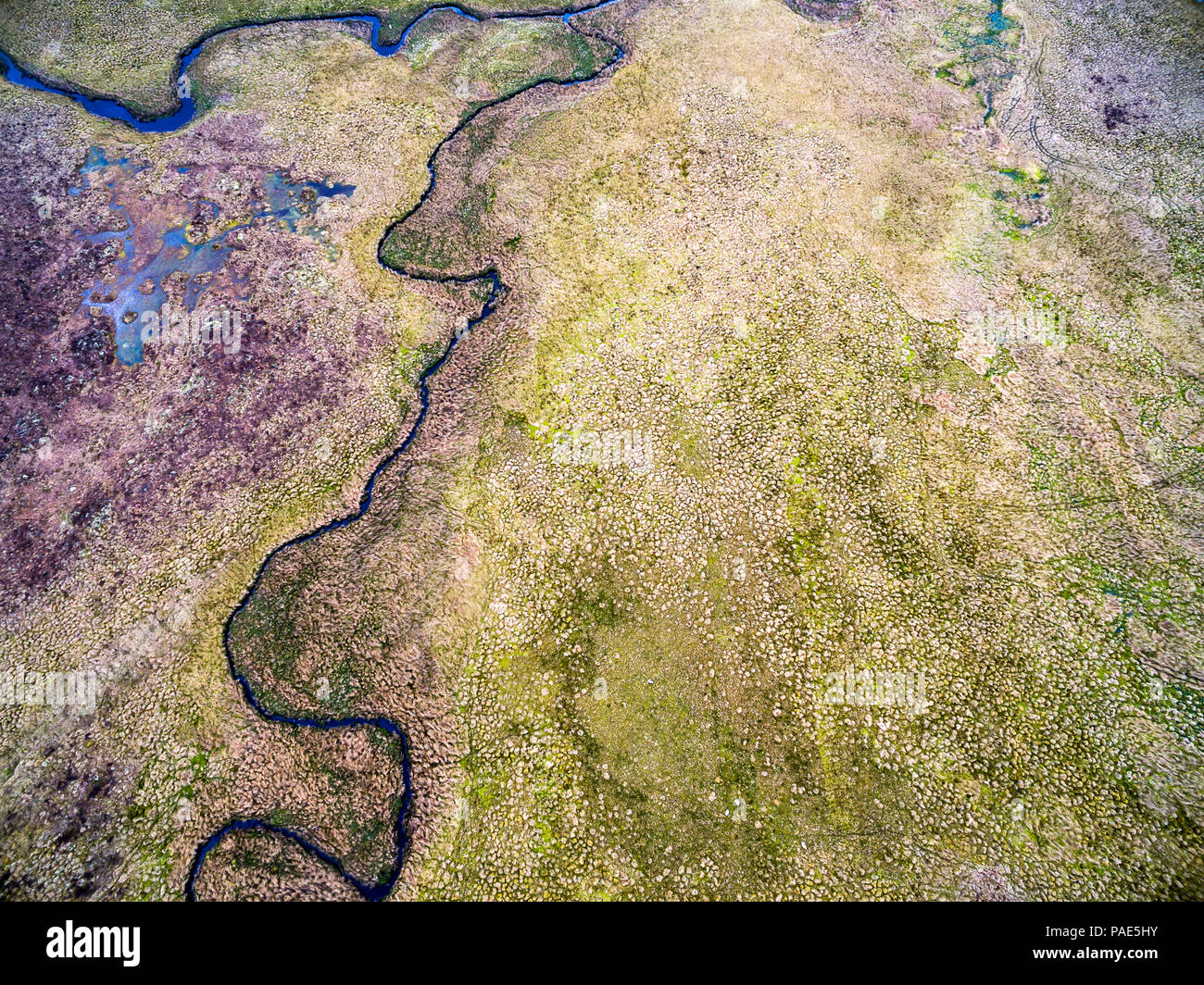 Welsh Rivers From Aerial Aerial view of the river next to the B4391 through the moor and ...
