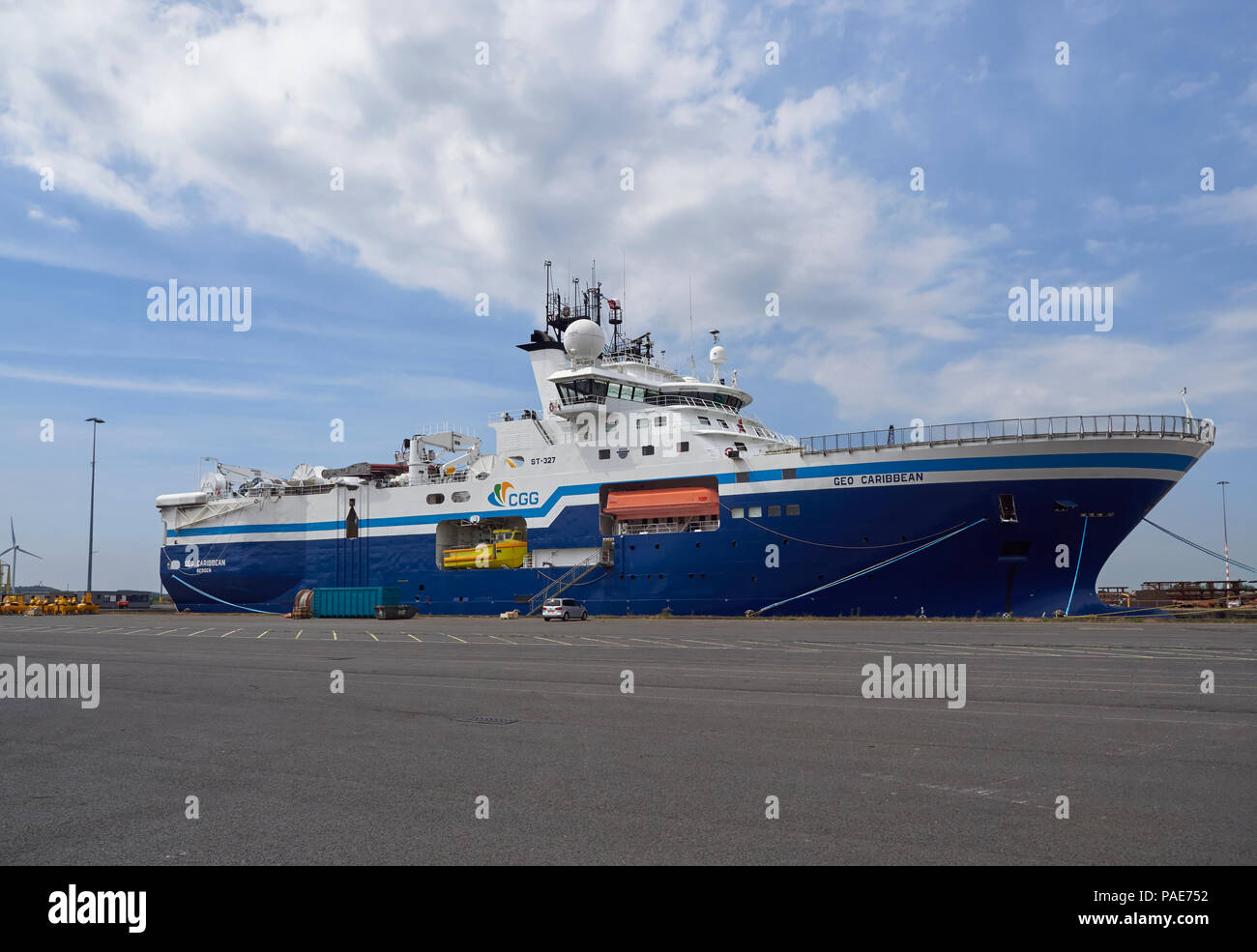 The Geo Caribbean, an Oil Exploration Seismic Vessel alongside in Amsterdam Marine Terminal loading Seismic Equipment, Holland, Europe. Stock Photo