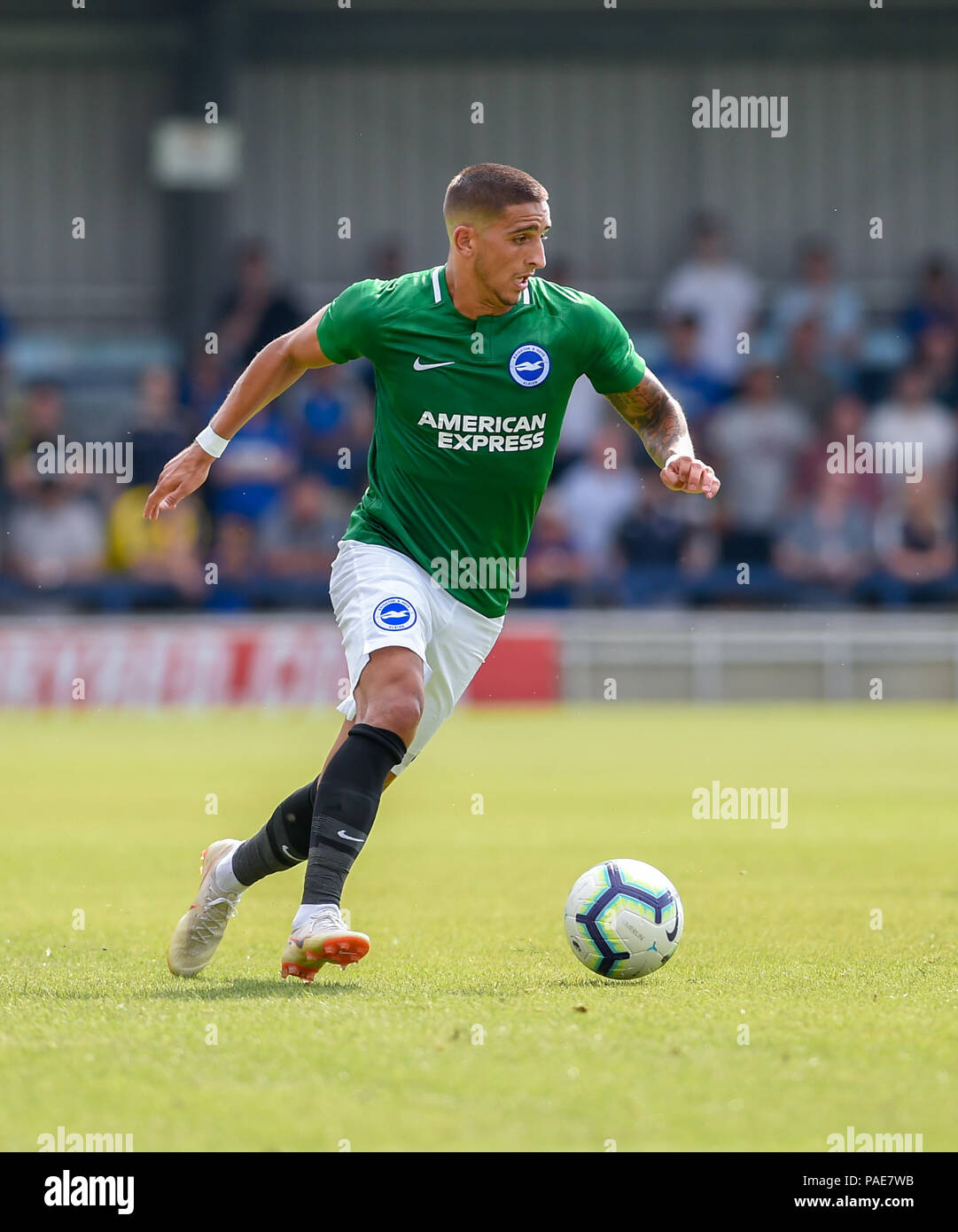 Kingston London UK 21st July 2018 - Anthony Knockaert of Brighton during the pre season friendly football match between AFC Wimbledon and Brighton and Hove Albion  at the Cherry Red Records Stadium in Kingston Surrey Editorial Use Only Stock Photo