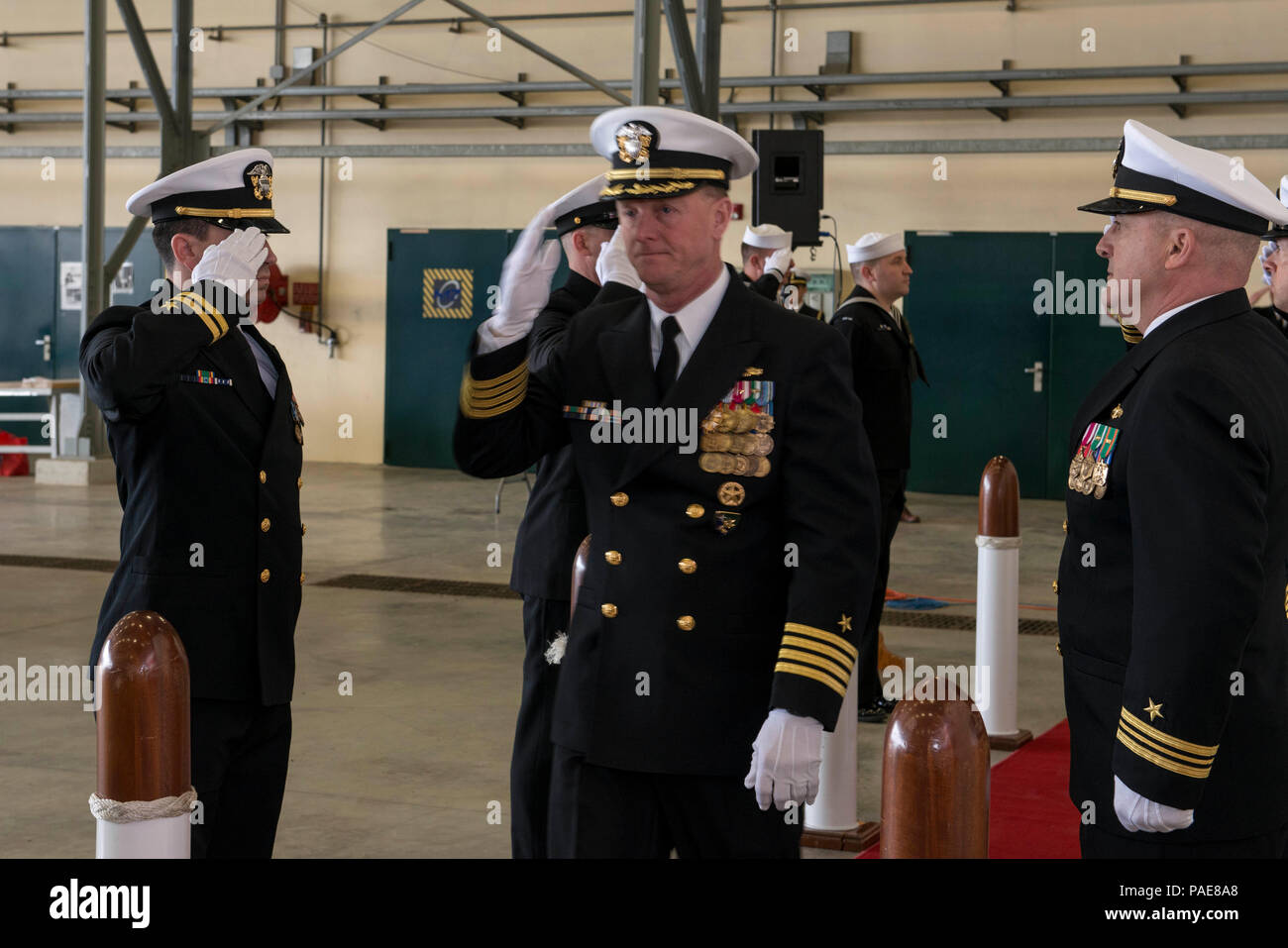 160324-N-UE250-042 NAPLES, Italy (March 24, 2016) Incoming Commodore, Capt. Jeffrey Wolstenholme arrives at the start of the Commander, Task Force 64 (CTF 64) command establishment ceremony aboard U.S. Naval Support Activity Naples March 24, 2016. CTF 64 is responsible for executing operational and tactical integrated air and missile defense, providing direct support for Aegis ballistic missile defense planning to Commander, U.S. Air Forces Europe and Commander, Allied Air Command. (U.S. Navy photo by Mass Communication Specialist 2nd Class Corey Hensley/Released) Stock Photo