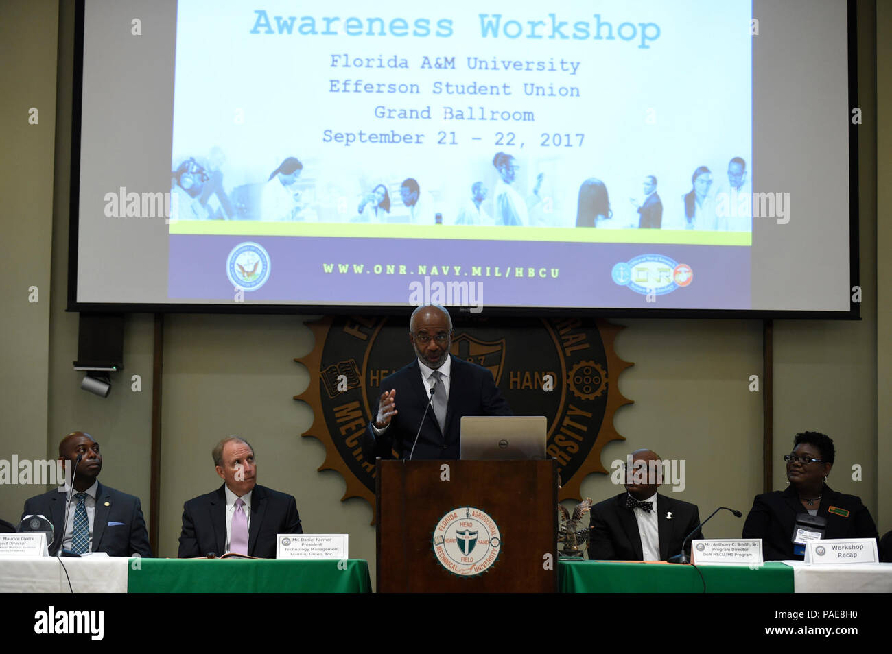 TALLAHASSEE, Fla. (Sep. 22, 2017) Dr. Larry Robinson, interim president, Florida A&M University (FAMU), welcomes attendees to the Department of Navy (DoN) Historically Black Colleges and Universities/Minority Institutions (HBCU/MI) Naval Opportunity Awareness Workshop at FAMU. The DoN HBCU/MI program is designed to increase the participation of HBCU/MIs in the Navy's research, development, test and evaluation (RDT&E) programs and activities. Stock Photo