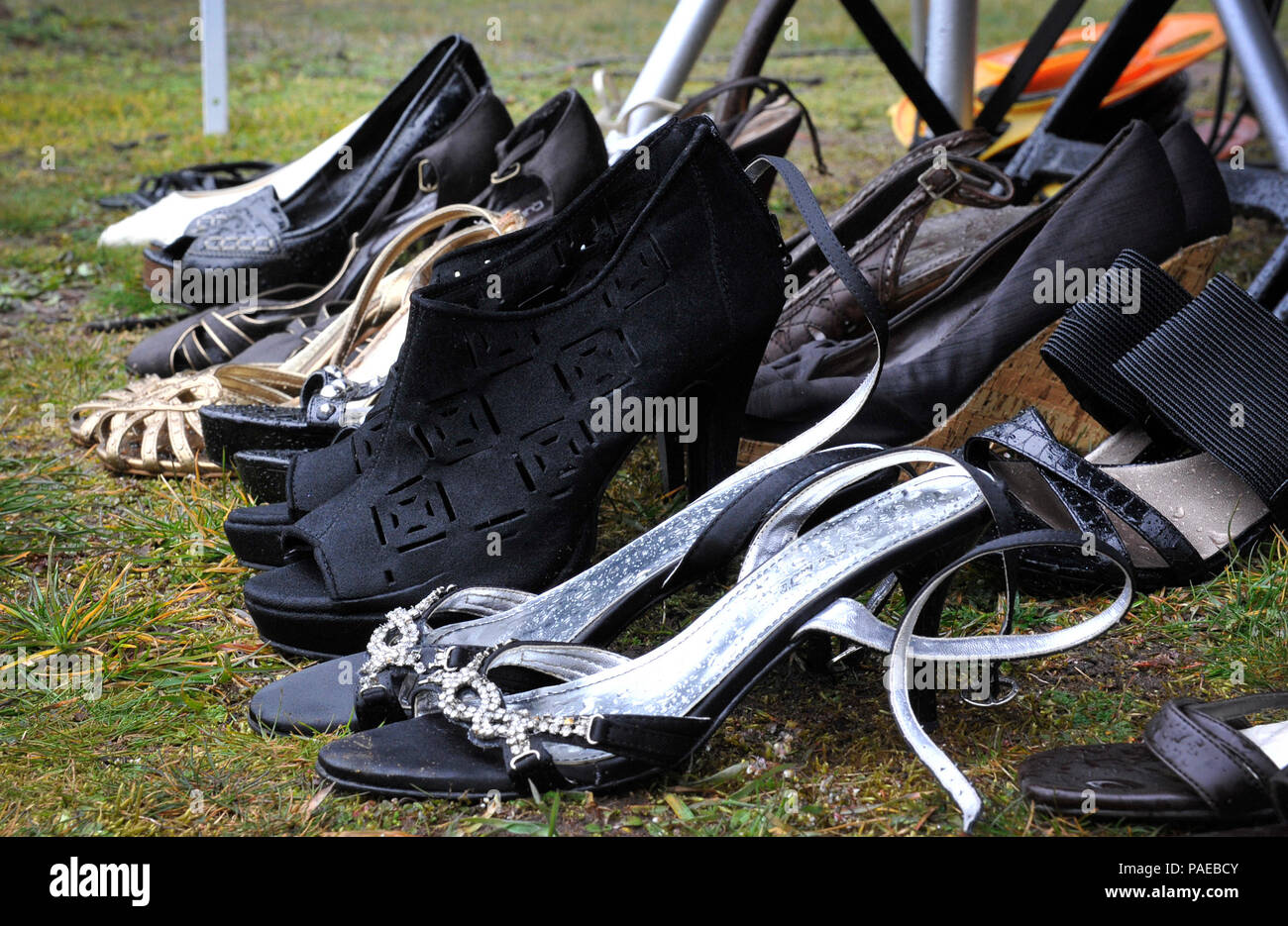 Heels sit on display during the first One Mile Walk in Her Heels and 5K Run March 25, 2016, at Ramstein Air Base, Germany. The event wrapped up Women’s History Month by empowering others to understand the struggles women past and present have endured by using high-heeled shoes as a symbol of femininity. (U.S. Air Force photo/Airman 1st Class Larissa Greatwood) Stock Photo
